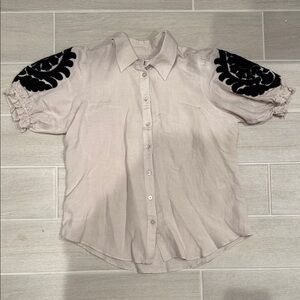 Chico's Light Beige Button Down Shirt with Black Embroidery size 0.5 6